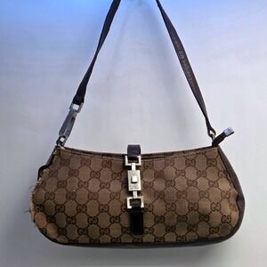 VTG Gucci Jackie Monogram Canvas Leather Trim Shoulder Bag Brown (READ)